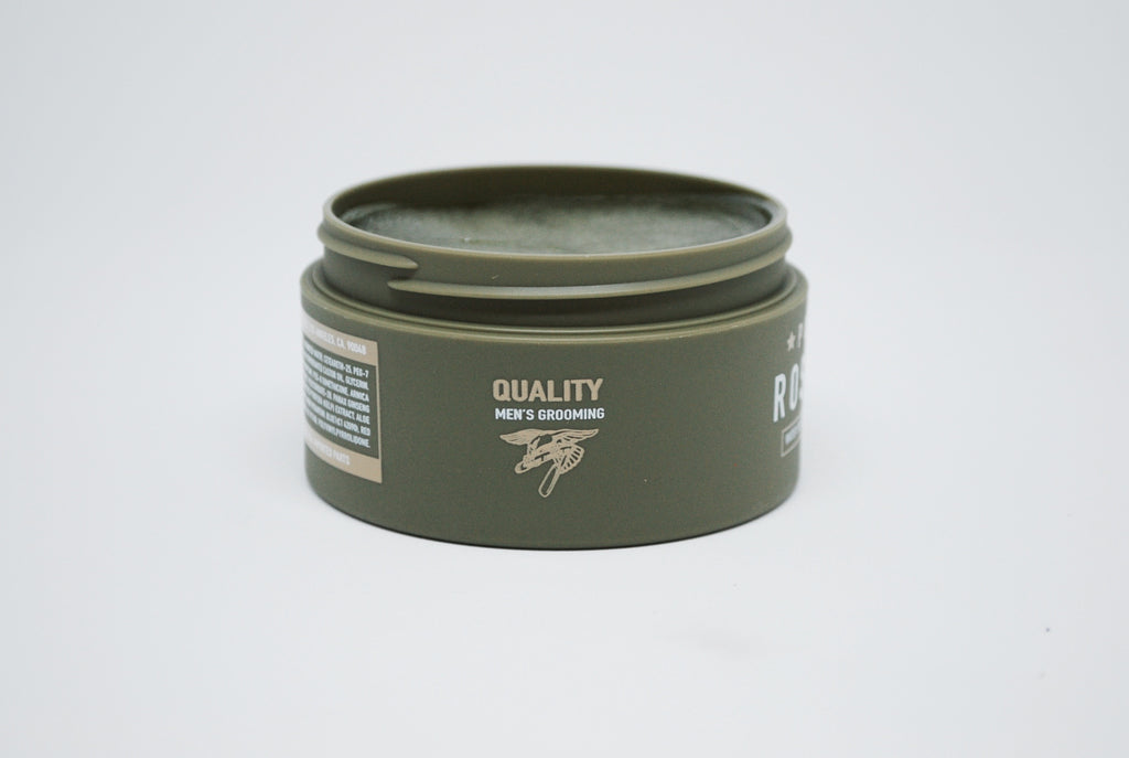 ROSEWOOD POMADE is a strong hold, high shine, water soluble styling product