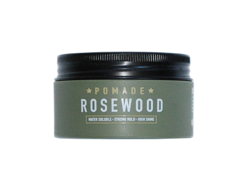 ROSEWOOD POMADE is a strong hold, high shine, water soluble styling product